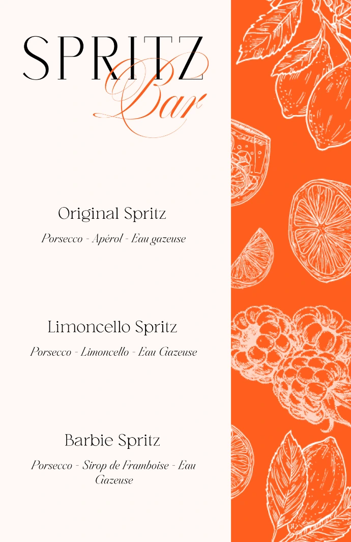 Carte de coktail bar à spritz mariage