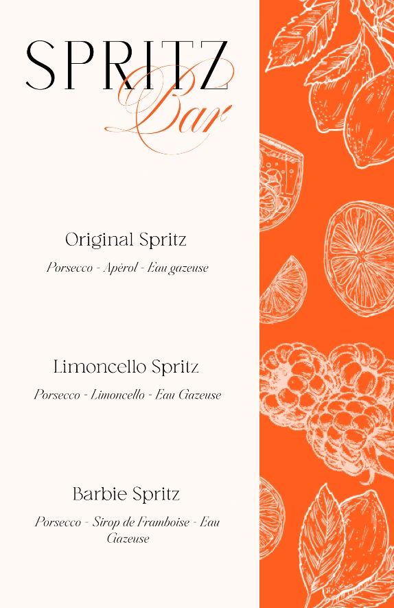Carte de coktail bar à spritz mariage