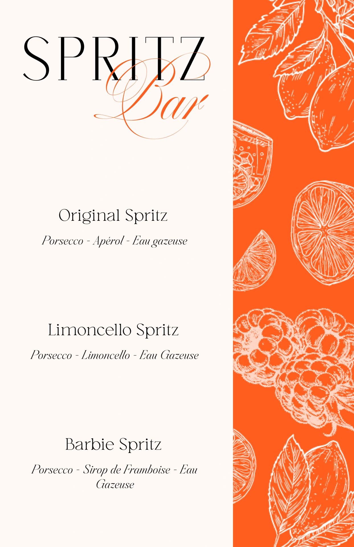 Carte de coktail bar à spritz mariage